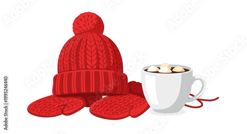 Cozy winter accessories including a knitted red hat and mittens next to a steaming mug of hot chocolate with marshmallows