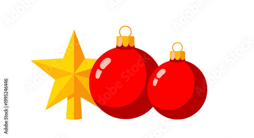 Festive Christmas Decorations Set Golden Star Tree Topper and Vibrant Red Baubles for Holiday Celebration and Seasonal Joy, perfect for adding traditional charm