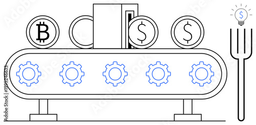 Cryptocurrency, blockchain, automation, fintech, production, investments. Bitcoin and dollar coins moving on a conveyor system with gears. Cryptocurrency and blockchain concepts in financial