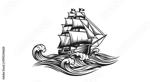 Vintage Sailing Ship Navigating Rough Ocean Waves Engraving.