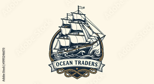 Vintage Sailing Ship Ocean Traders Logo Design.