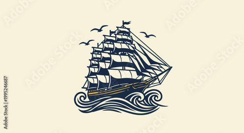 Vintage Sailing Ship on Waves with Birds Logo Design.
