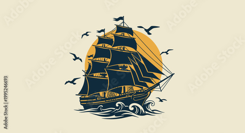 Vintage sailing ship with full sails on ocean waves.