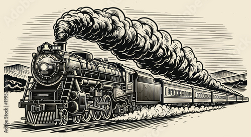 Vintage Steam Locomotive Pulling a Long Train.