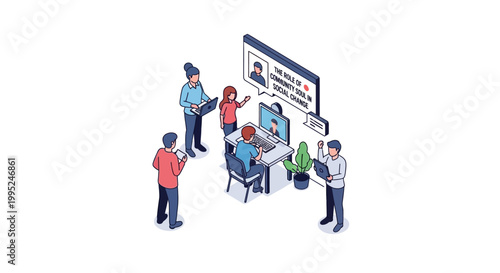 Isometric illustration of a team collaborating on a project using computers.