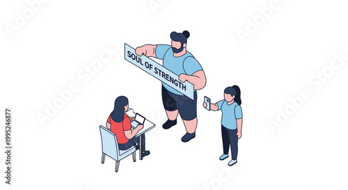 Isometric Illustration of a Group Displaying Goal of Strength Message.