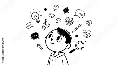 Young boy with many ideas and thoughts floating around his head.