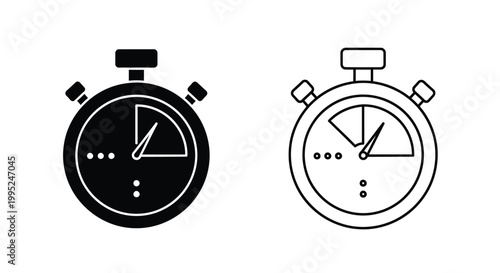 Minimalist vector illustration set showing two different style stopwatch icons used for time management and productivity tracking presented in a simple bold black and white design