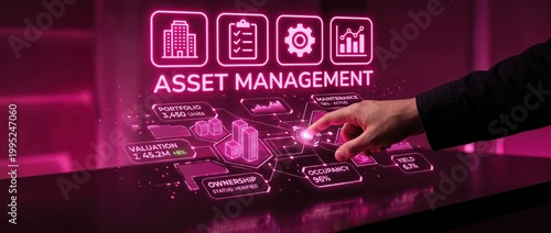 Hand interacting with futuristic asset management interface on a glowing screen