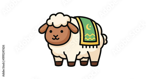 Cute Kawaii Sheep Illustration for Eid al-Adha Celebration with Islamic Green Ornamental Rug