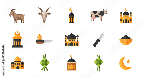 Flat Islamic Icon Set for Eid al-Adha Featuring Qurban Animals Mosque Lantern and Butcher Knife