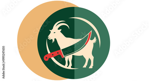 Goat Sacrifice Illustration with Butcher Knife Symbol for Eid Al-Adha Celebration on Green Circular Background