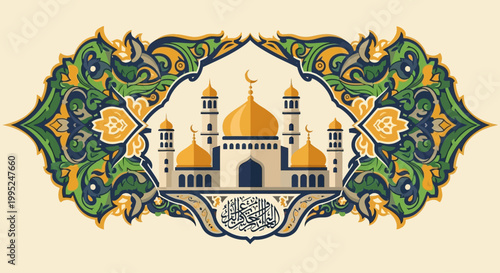 Beautiful Islamic Mosque Illustration with Intricate Arabesque Floral Frame and Arabic Calligraphy Background