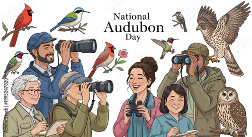 Illustrated wildlife enthusiasts of varying ages are birdwatching and sketching on National Audubon Day, surrounded by diverse bird species in a colorful nature conservation vector