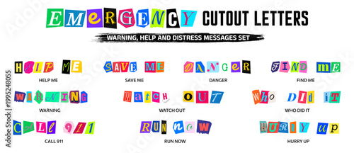 Emergency and danger cutout letters set with phrases Help Me, Save Me, Warning, and Call 911, magazine ransom note style