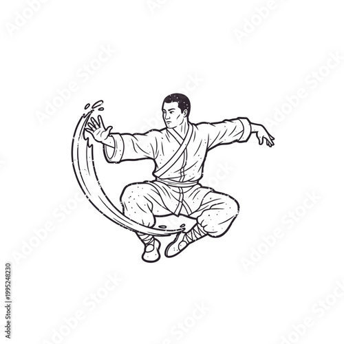 Martial artist performing a dynamic kung fu move with a stylized water effect