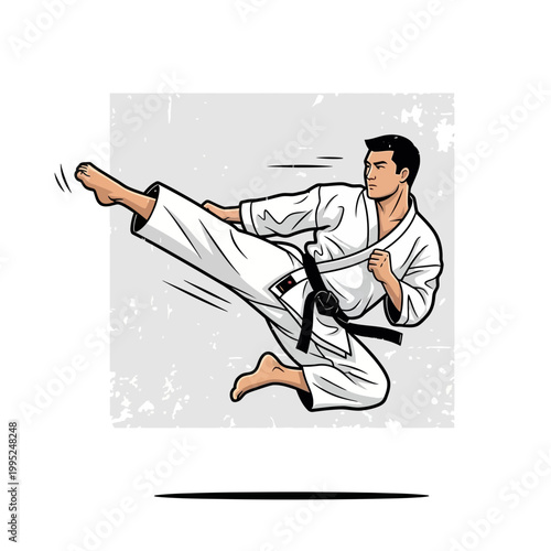 Martial artist performing a flying kick in a karate gi