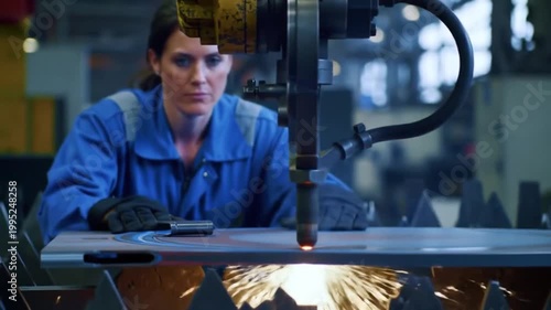 A woman in blue overalls works with machinery, sparks flying during a metal cutting operation