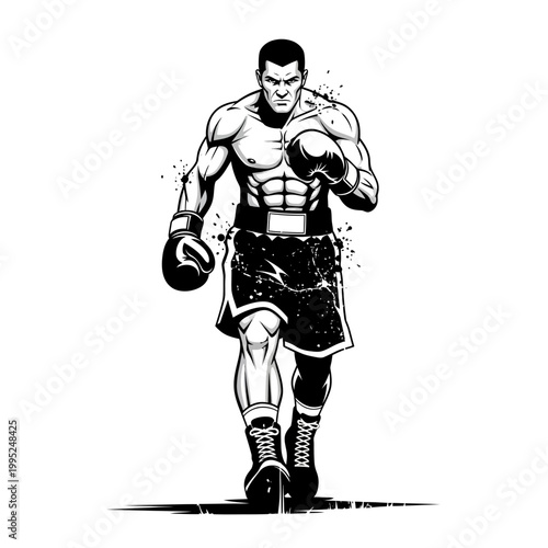 Muscular boxer in fighting stance, black and white illustration