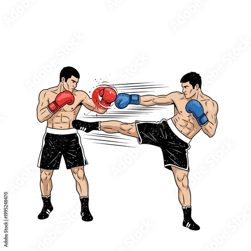 Two boxers fighting, one kicking the other