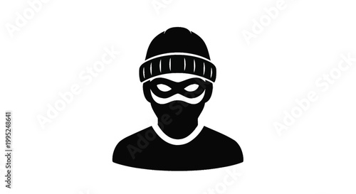 Stylized vector illustration of a mysterious thief character wearing a beanie and a classic eye mask for various graphic design projects and digital security concepts.