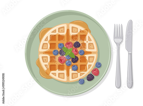 Delicious Belgian waffle with fresh blueberries and raspberries on a plate.