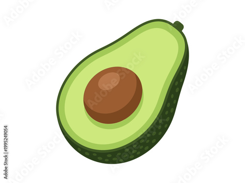 Cartoon illustration of a fresh halved avocado with pit.