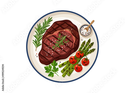 Grilled Beef Steak with Asparagus and Cherry Tomatoes on a Plate.