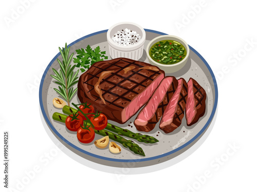 Grilled medium rare ribeye steak with asparagus and cherry tomatoes illustration.
