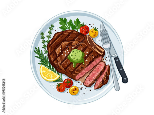 Grilled Ribeye Steak with Herb Butter and Vegetables on a Plate.
