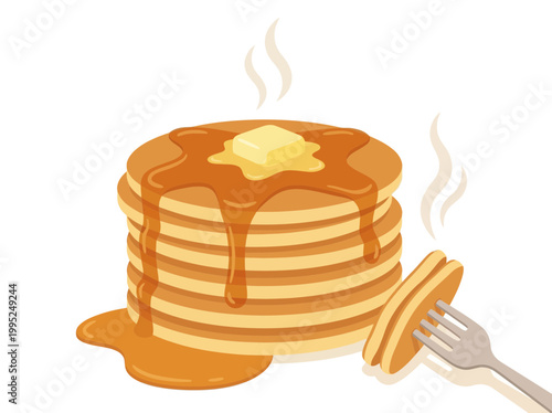 Stack of fluffy hot pancakes with butter and maple syrup on a white background.