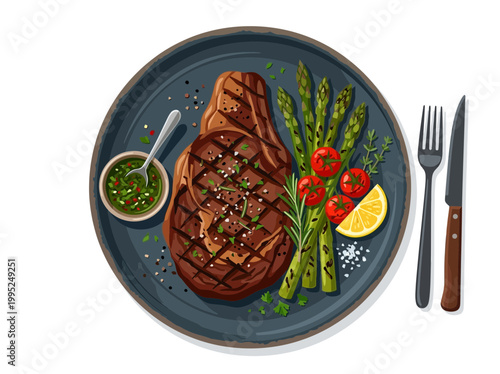 Grilled ribeye steak served with asparagus and cherry tomatoes on a dark plate.