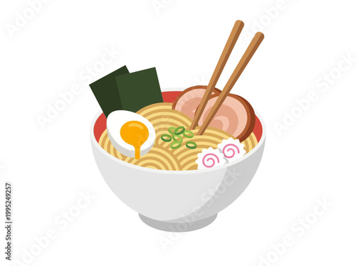 A delicious bowl of Japanese ramen noodle soup with egg and chopsticks.