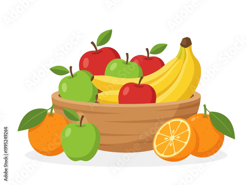 A wooden bowl filled with a variety of fresh colorful fruits.