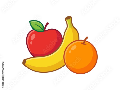 Cartoon illustration of fresh red apple yellow banana and orange fruit group.