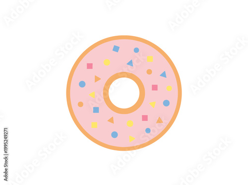 Flat Vector Illustration of a Pink Glazed Donut with Colorful Geometric Sprinkles.