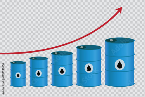 Vector illustration of increasing barrels and upward arrow symbolizing rising production, market growth, higher supply, and economic expansion concept