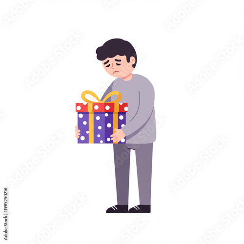 A sad man holding a gift box, illustrating disappointment or unwelcome surprises during celebrations or gift-giving occasions