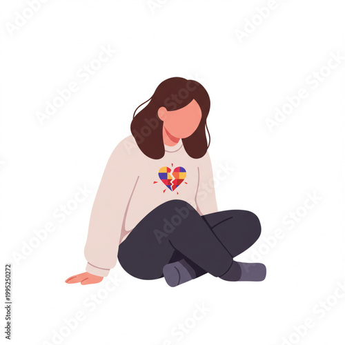 Illustration of a person sitting with a broken heart symbol on their sweater, representing emotional distress or heartbreak