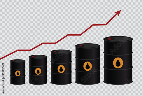 Vector illustration of rising oil prices with increasing barrels and upward arrow symbolizing market growth, demand increase, and energy price surge concept