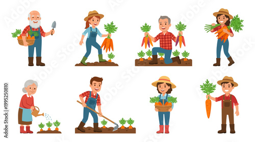 Diverse group of happy farmers wearing hats and overalls harvesting fresh carrots while working together in the agricultural vegetable garden