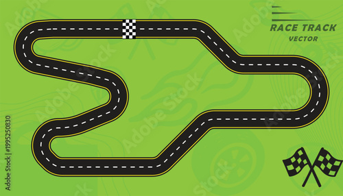 Creative vector illusion of race track or road symbol isolated on green background.