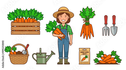 Happy female farmer wearing a straw hat holds fresh organic carrots next to wooden crates and essential garden utility tools
