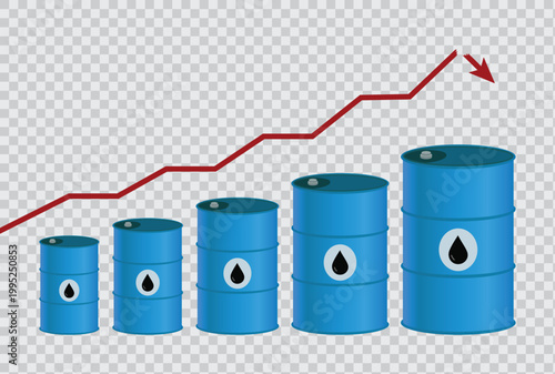 Vector illustration of rising barrels with sudden drop arrow symbolizing market volatility, growth followed by sharp decline and economic risk concept