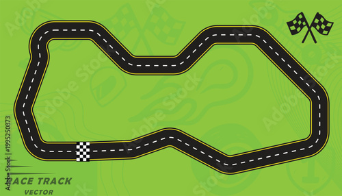 Creative vector illusion of race track or road symbol isolated on green background.