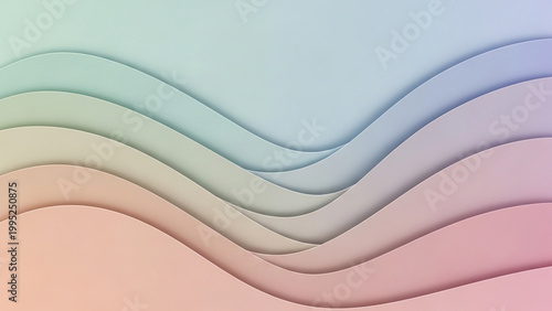 A colorful abstract background with wavy layers in pastel shades of pink, blue, and green hues