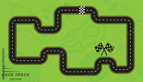 Creative vector illusion of race track or road symbol isolated on green background.