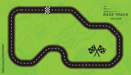 Creative vector illusion of race track or road symbol isolated on green background.