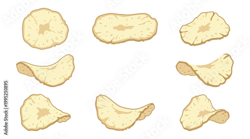 A collection of crispy potato chips isolated for culinary marketing projects featuring multiple shapes of salted thin fried snack slices