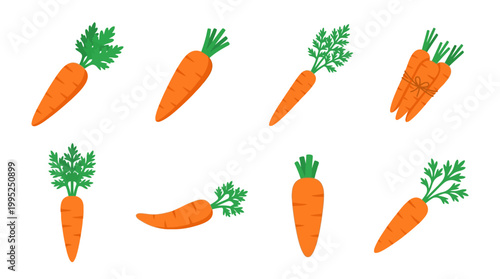 A collection of vibrant orange carrots with green leafy tops displayed in various positions for healthy cooking and culinary nutrition